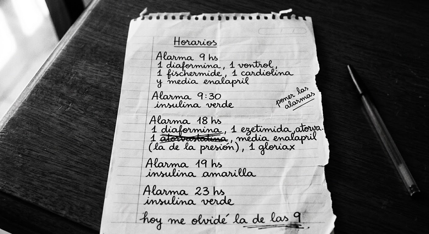 La hoja de las alarmas de mi madre. Al pie: «hoy me olvidé la de las 9».