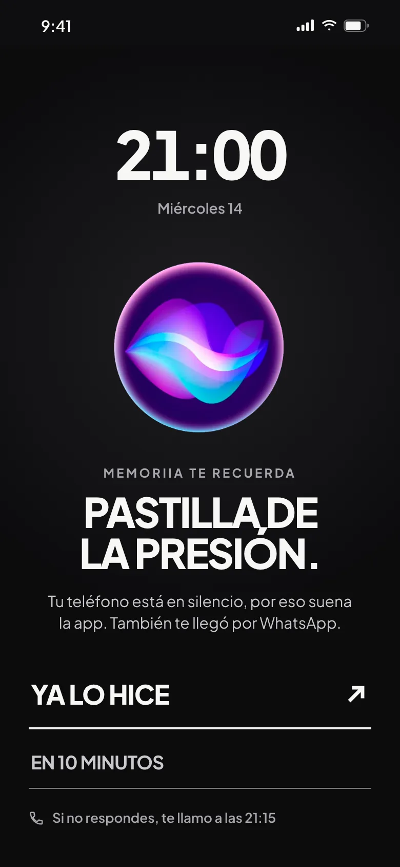 La alarma de la pastilla de la presión, a las 21:00