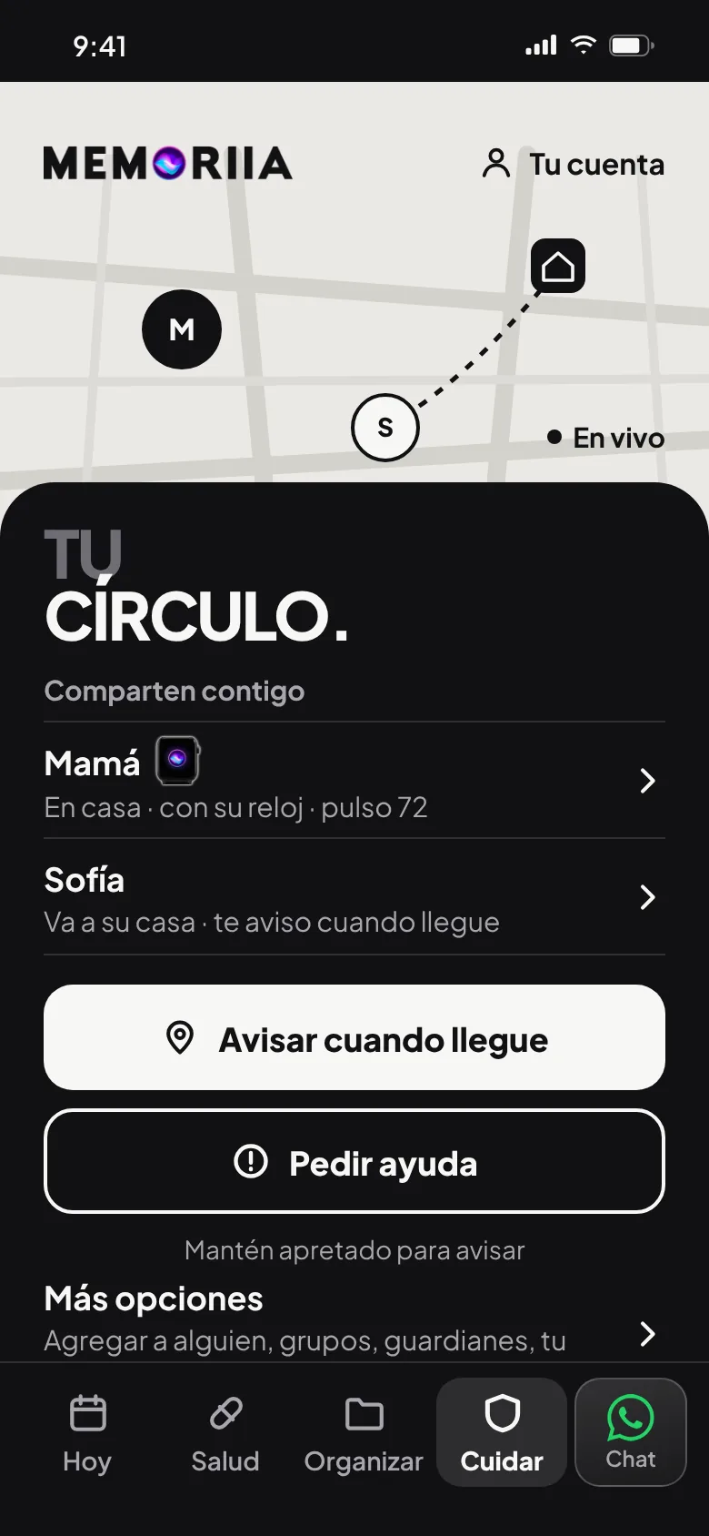 Tu círculo: el mapa en vivo, «Avisar cuando llegue» y «Pedir ayuda»