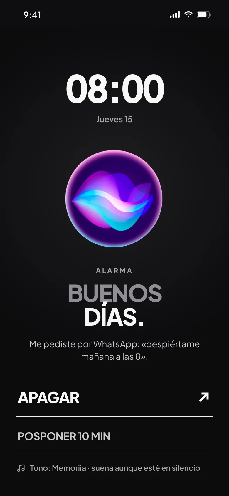 El despertador de Memoriia: «Buenos días», con Apagar y Posponer