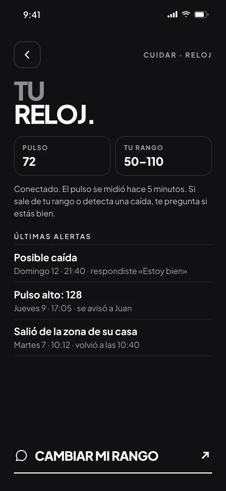 Tu reloj: pulso, rango y últimas alertas
