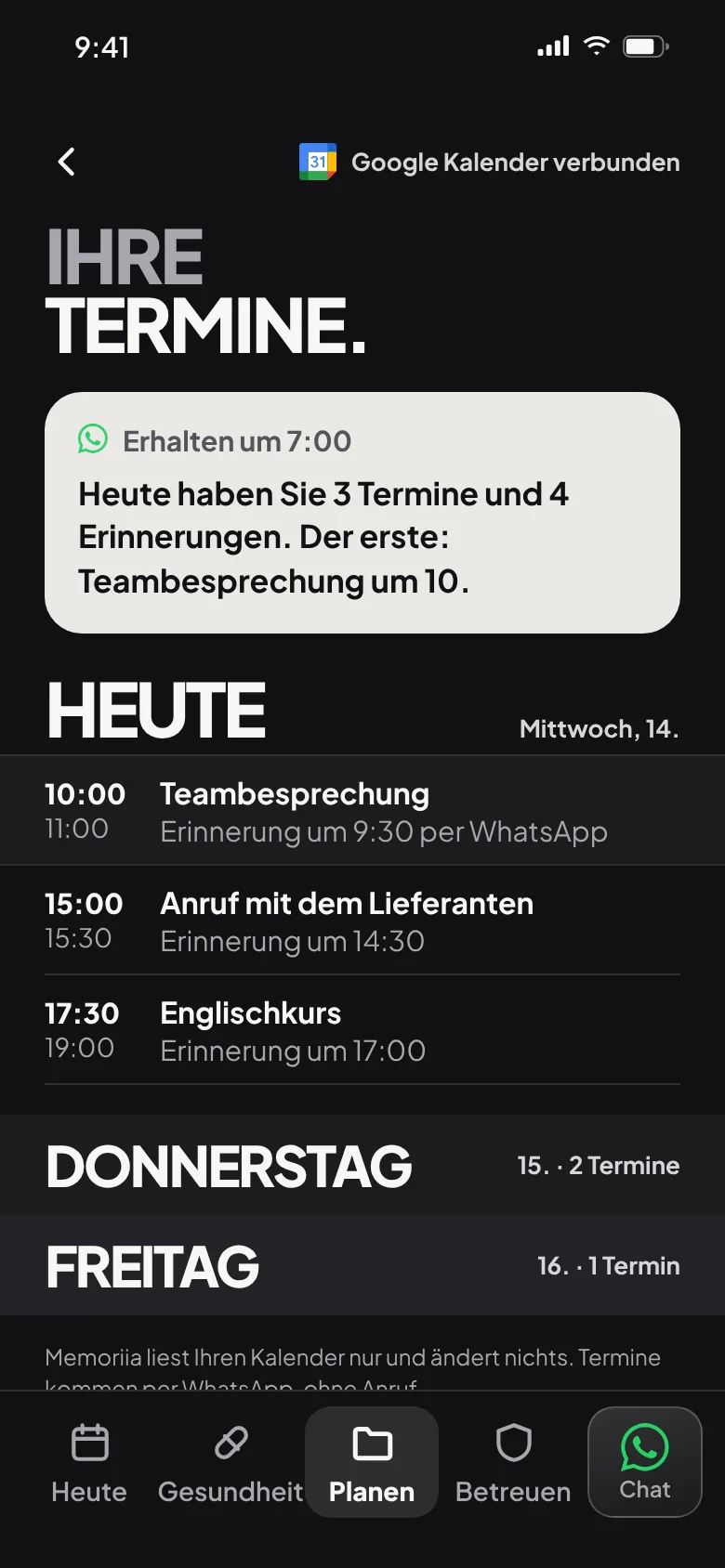 Ihre Termine: die Google-Calendar-Termine des Tages