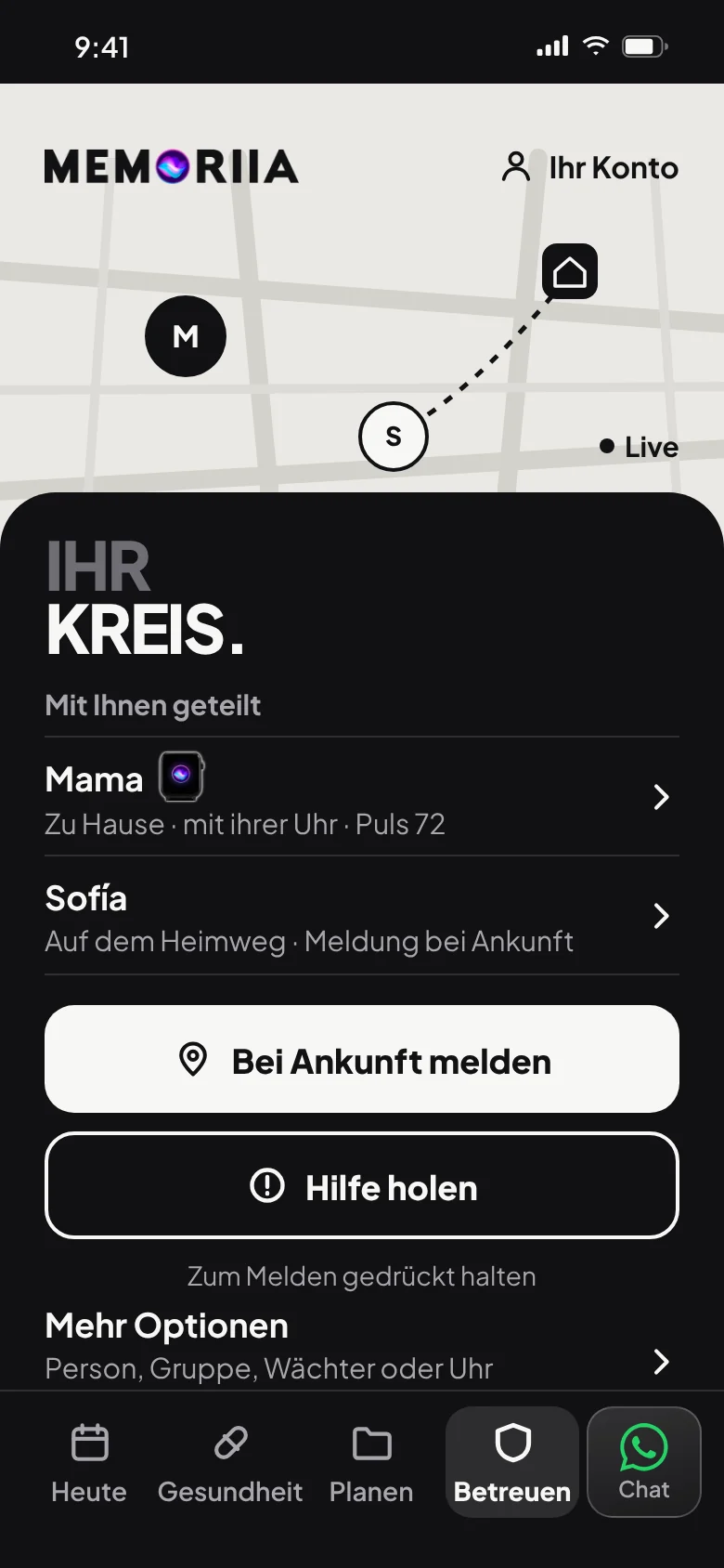 Ihr Kreis: die Live-Karte, „Bei Ankunft melden“ und „Hilfe holen“