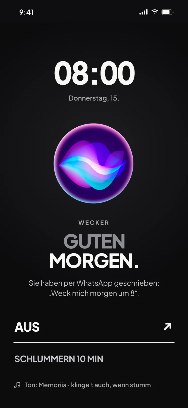 Der Wecker von Memoriia: „Guten Morgen“, mit Aus und Schlummern