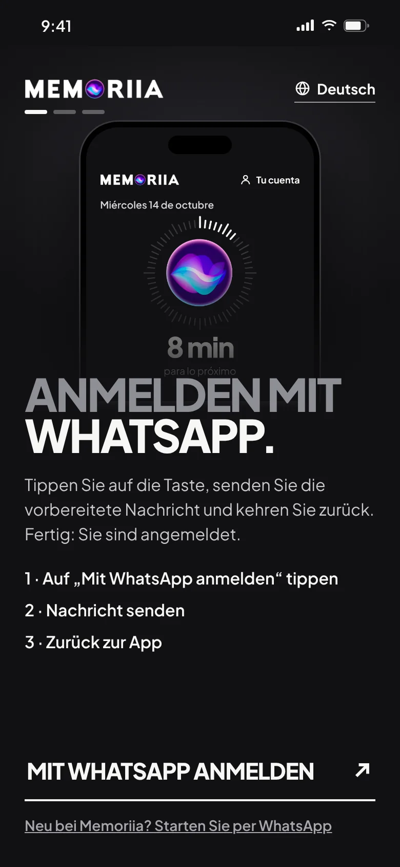 Die Begrüßung der App: „Mit Ihrem WhatsApp anmelden“