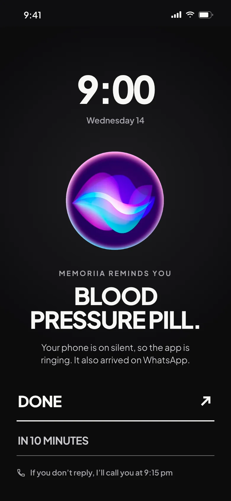 The blood pressure pill alarm, at 9:00 pm