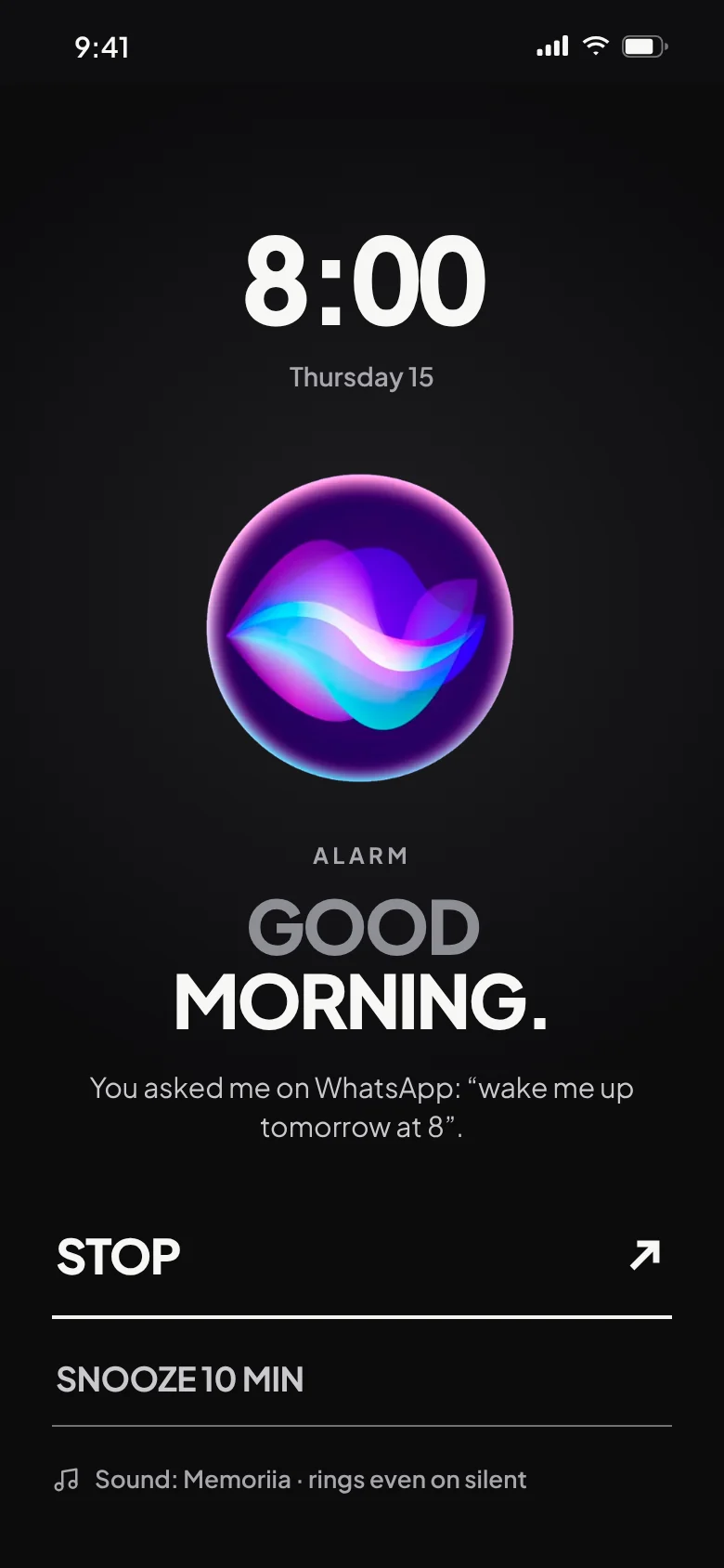 The Memoriia alarm clock: “Good morning”, with Stop and Snooze