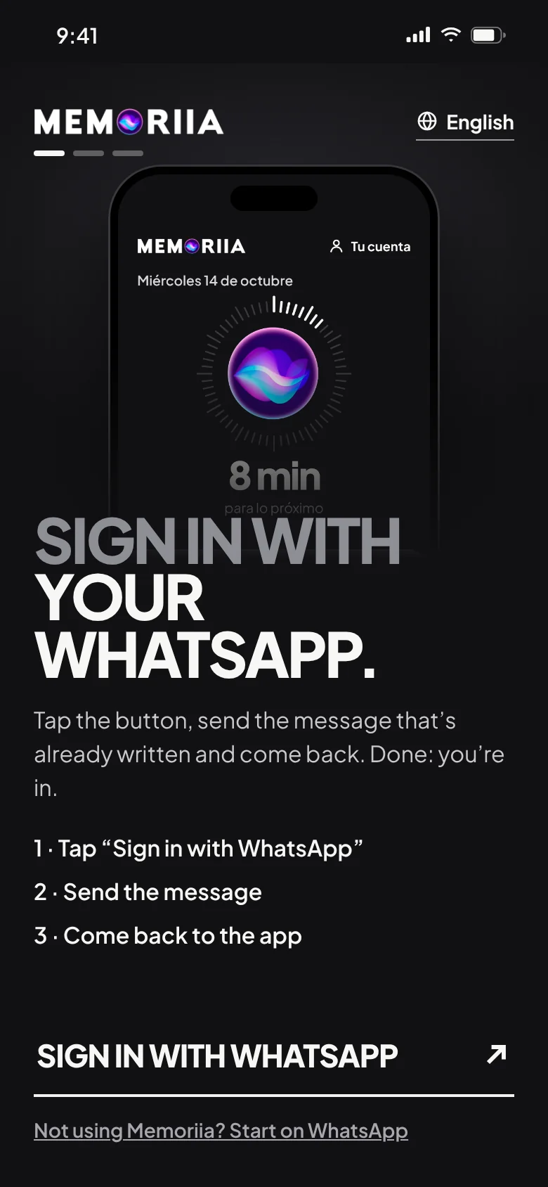 The app’s welcome screen: “Sign in with your WhatsApp”