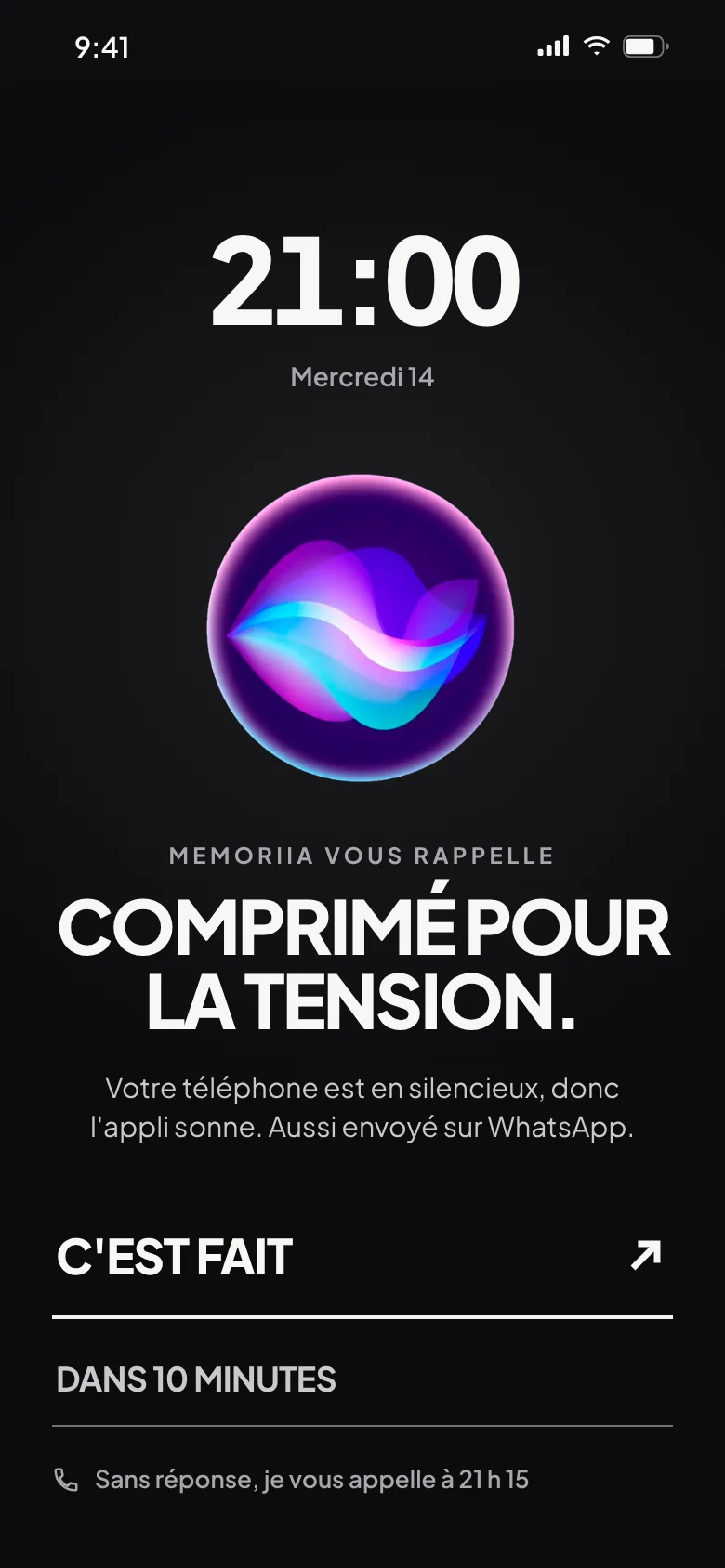 L'alarme du comprimé pour la tension, à 21 h