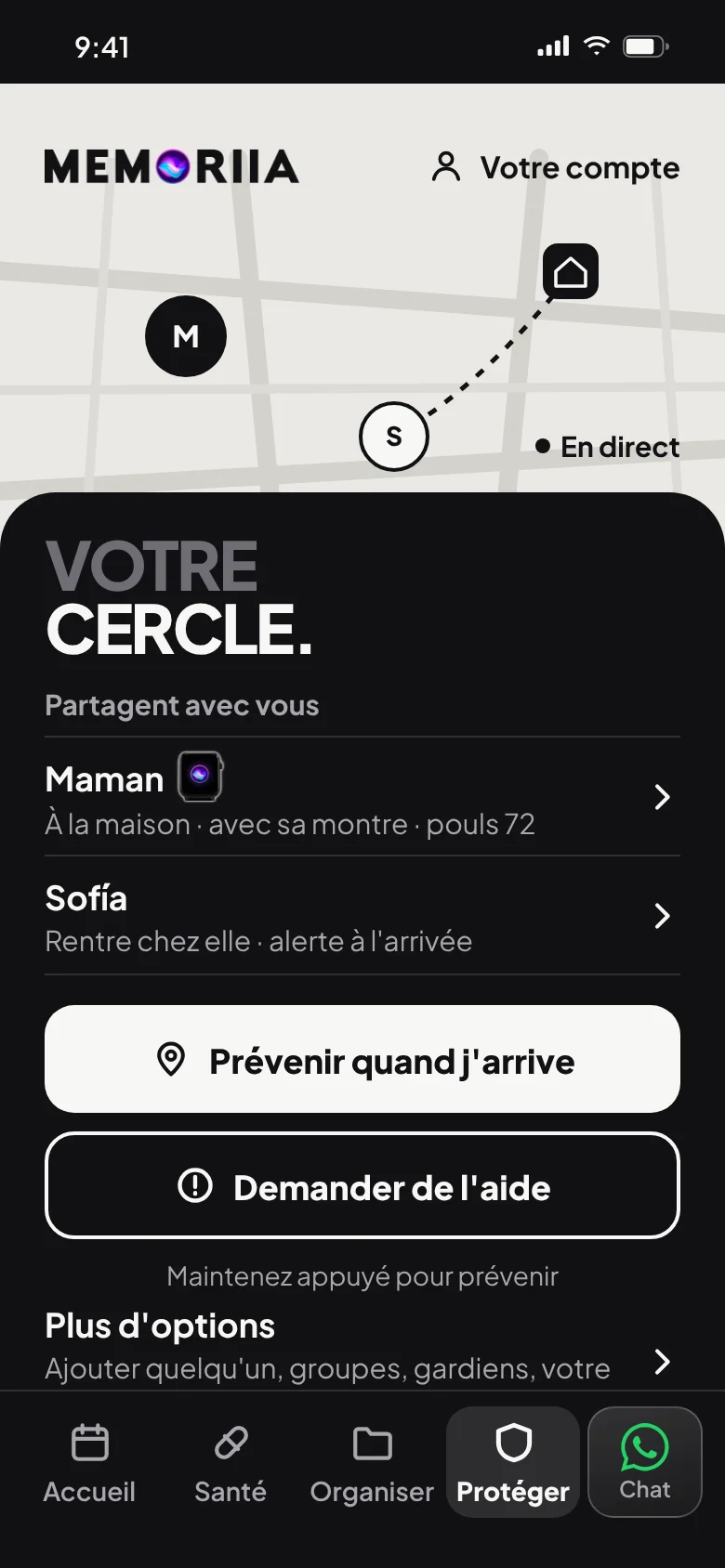 Votre cercle : la carte en direct, « Prévenir quand j'arrive » et « Demander de l'aide »