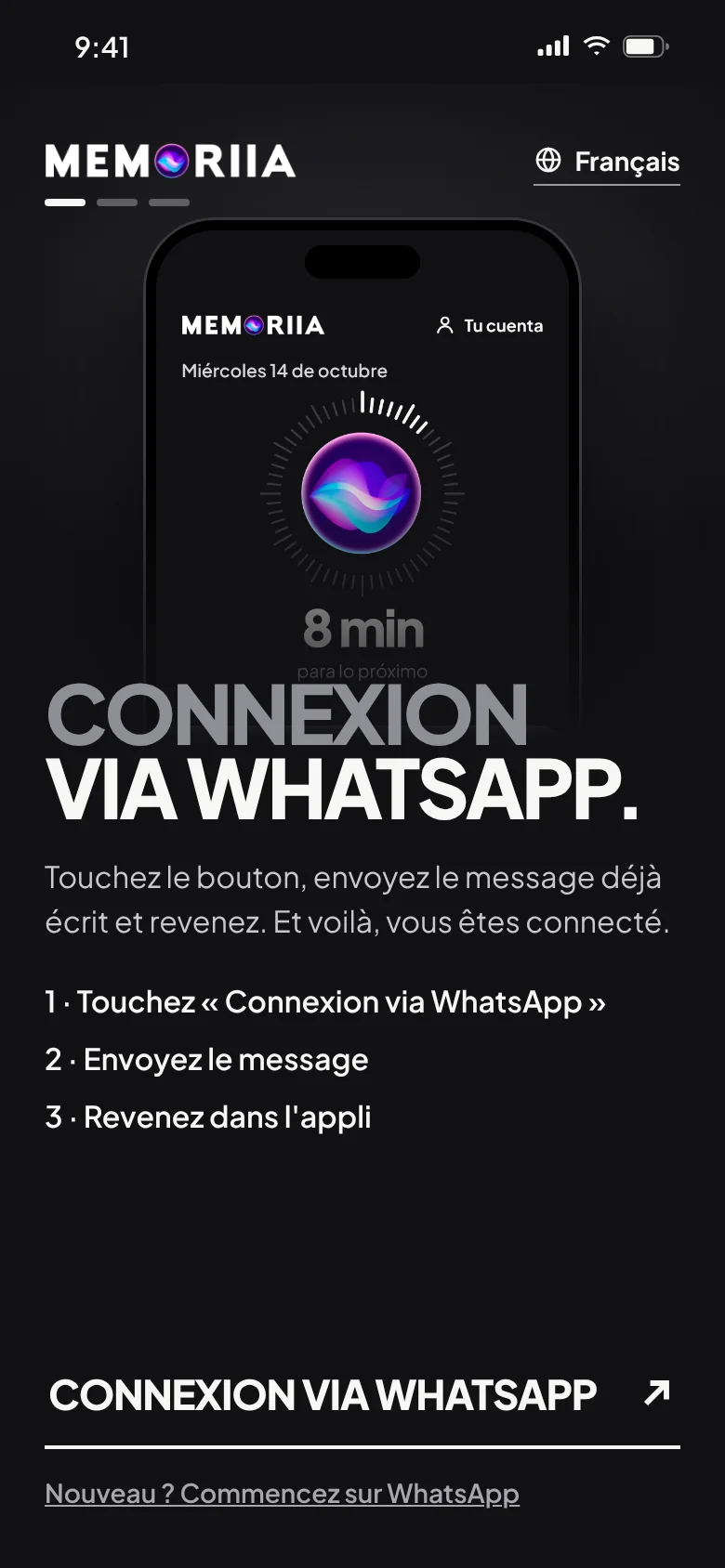 L'accueil de l'appli : « Connectez-vous avec votre WhatsApp »
