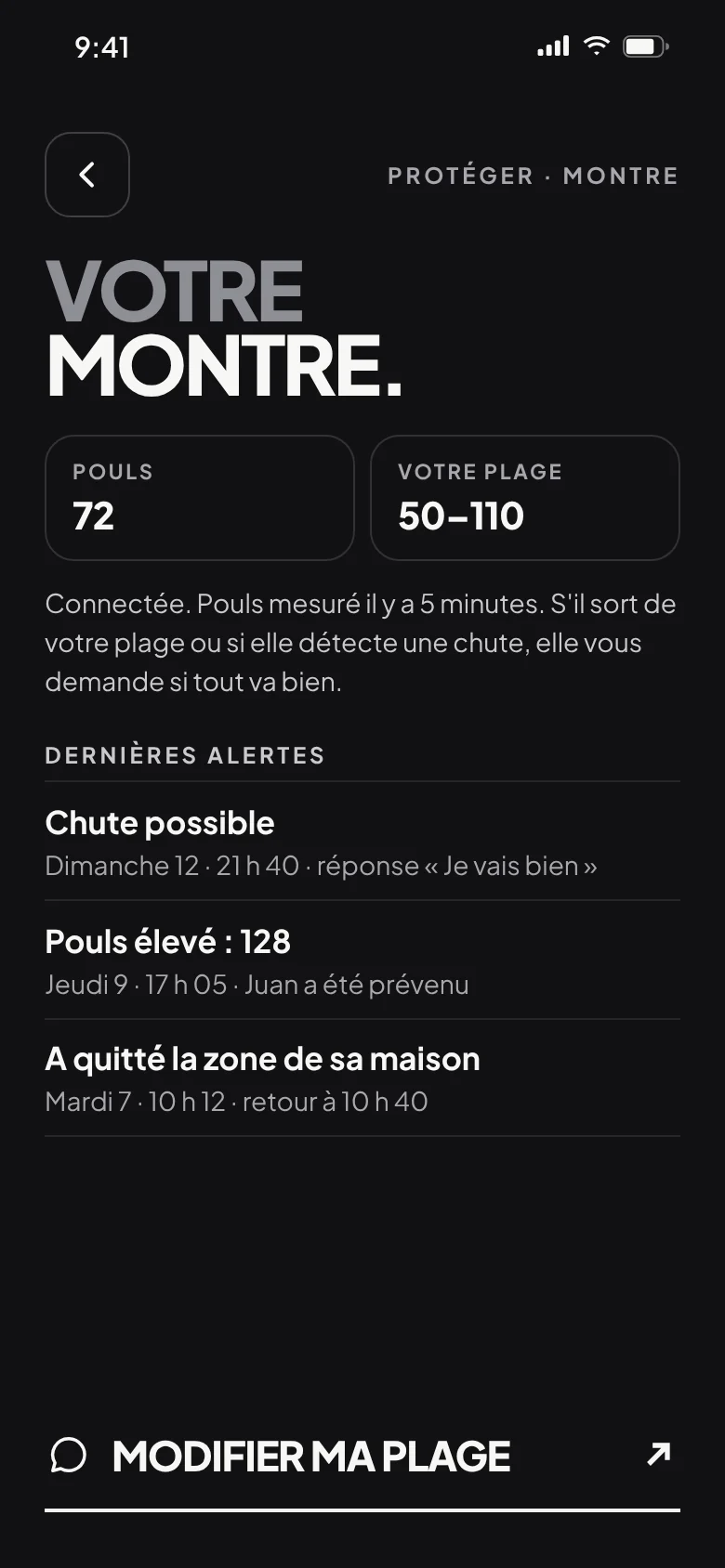 Votre montre : pouls, plage habituelle et dernières alertes