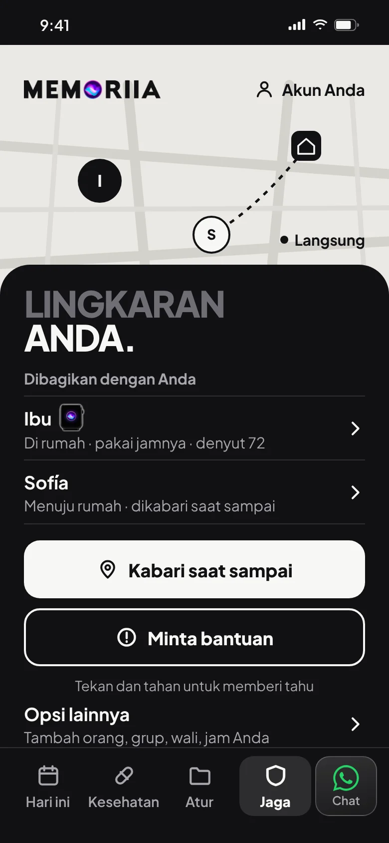 Lingkaran Anda: peta langsung, «Kabari saat sampai», dan «Minta bantuan»