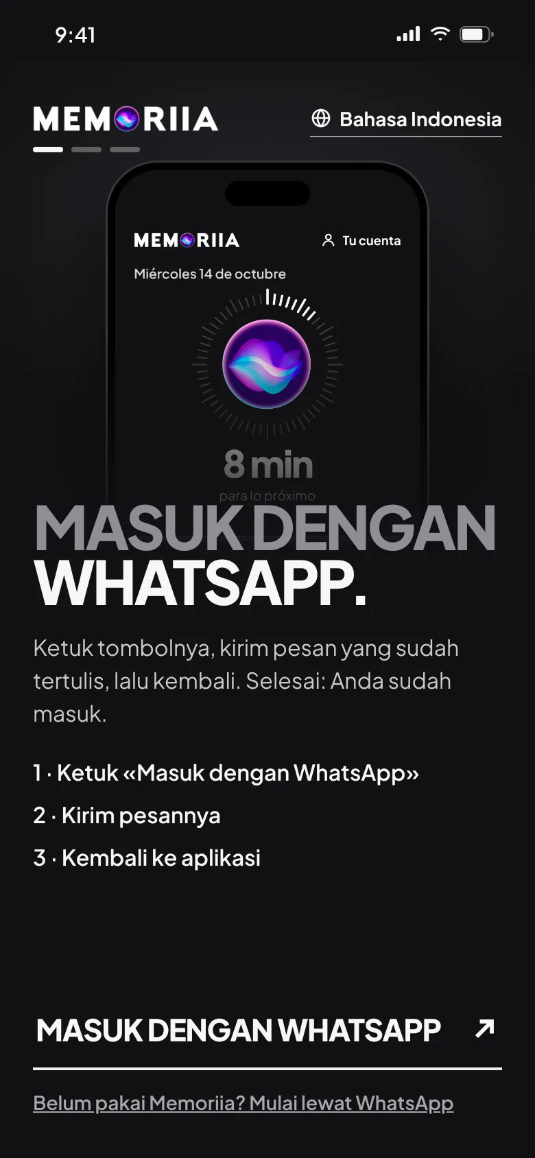 Sambutan aplikasi: «Masuk dengan WhatsApp Anda»