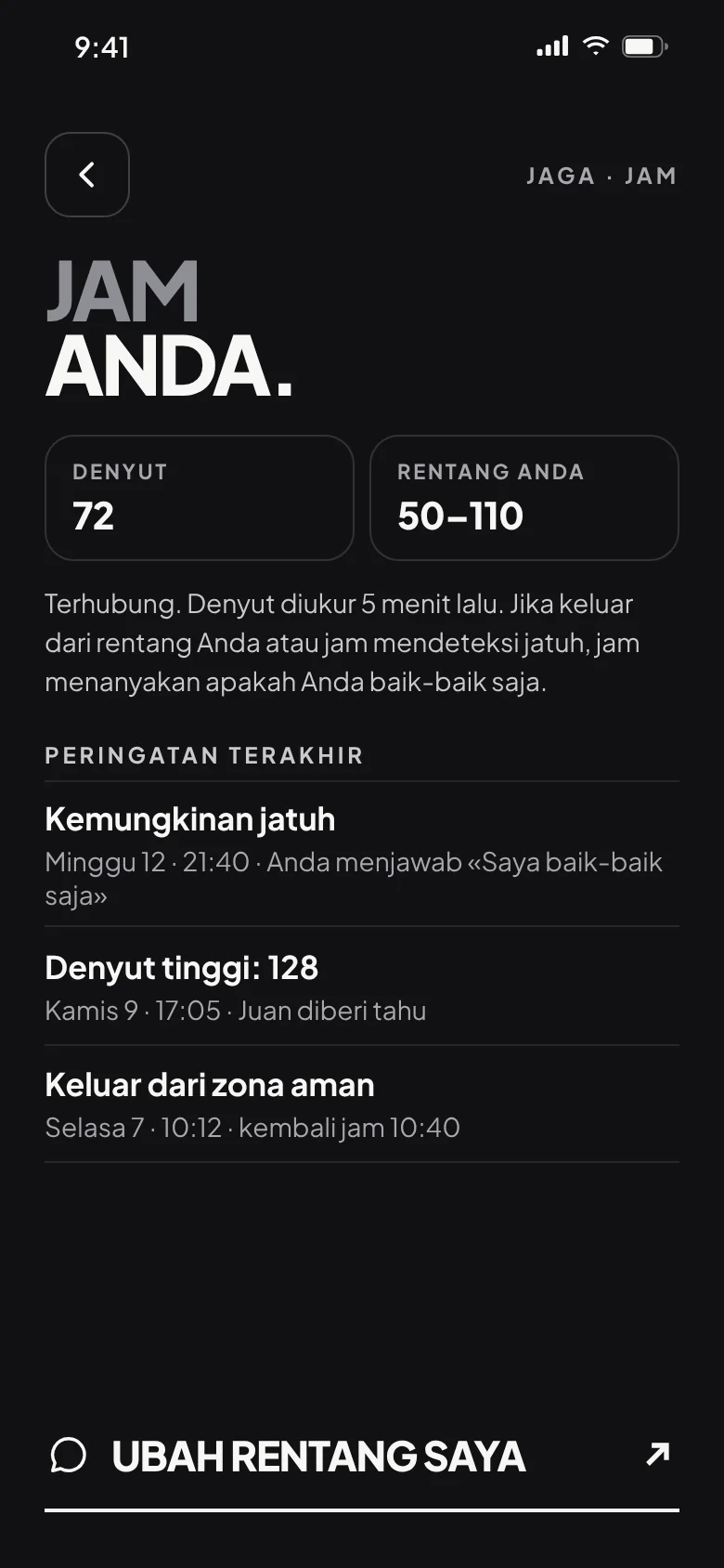 Jam Anda: denyut, rentang, dan peringatan terakhir
