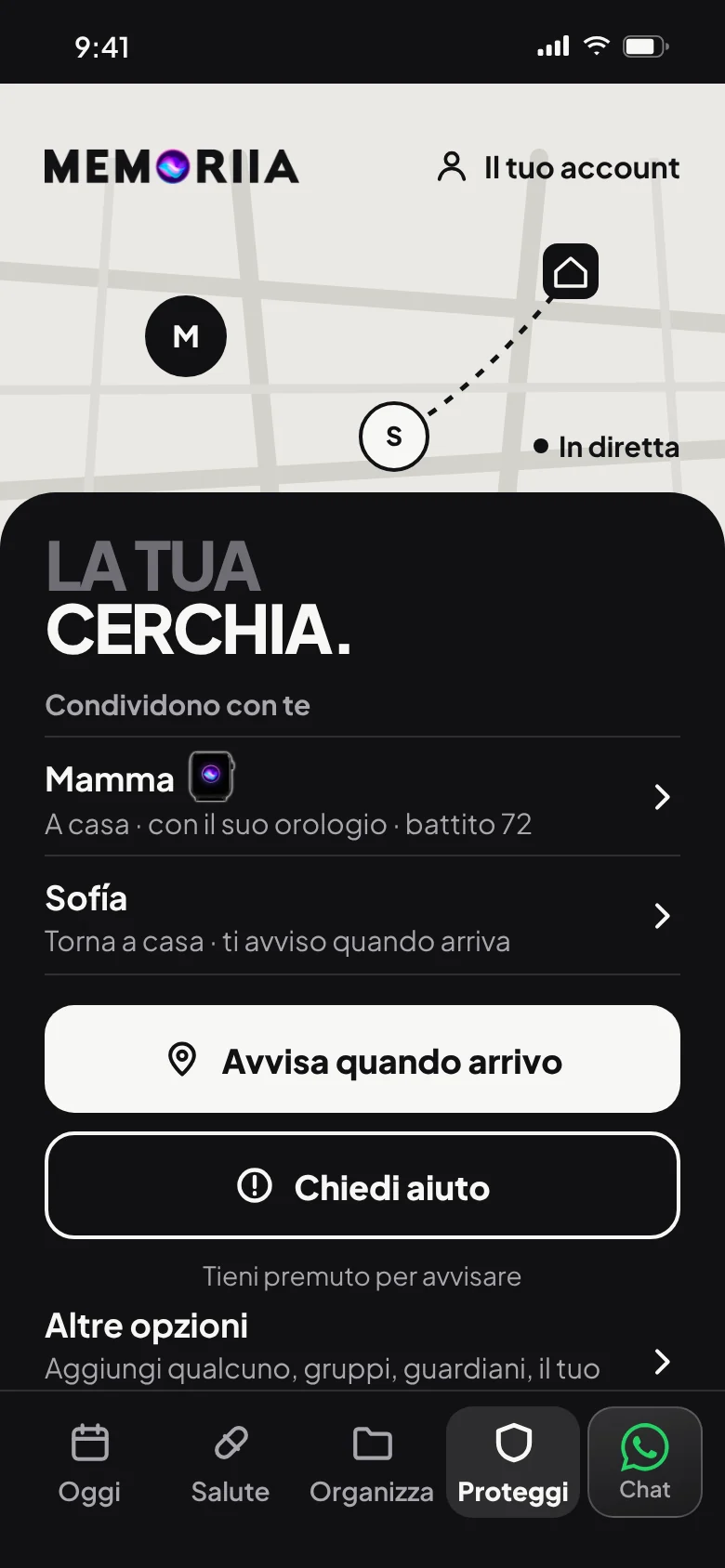 La tua cerchia: la mappa in tempo reale, «Avvisa quando arrivo» e «Chiedi aiuto»