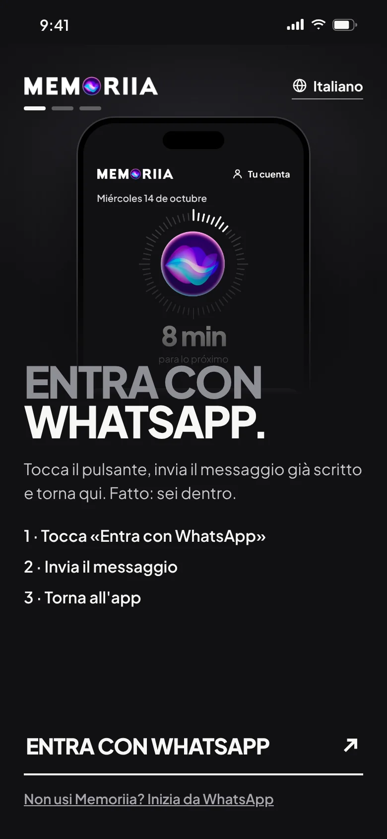 Il benvenuto dell'app: «Entra con il tuo WhatsApp»