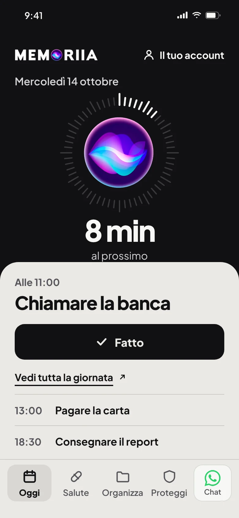 La schermata Oggi: «Chiamare la banca» tra 8 minuti