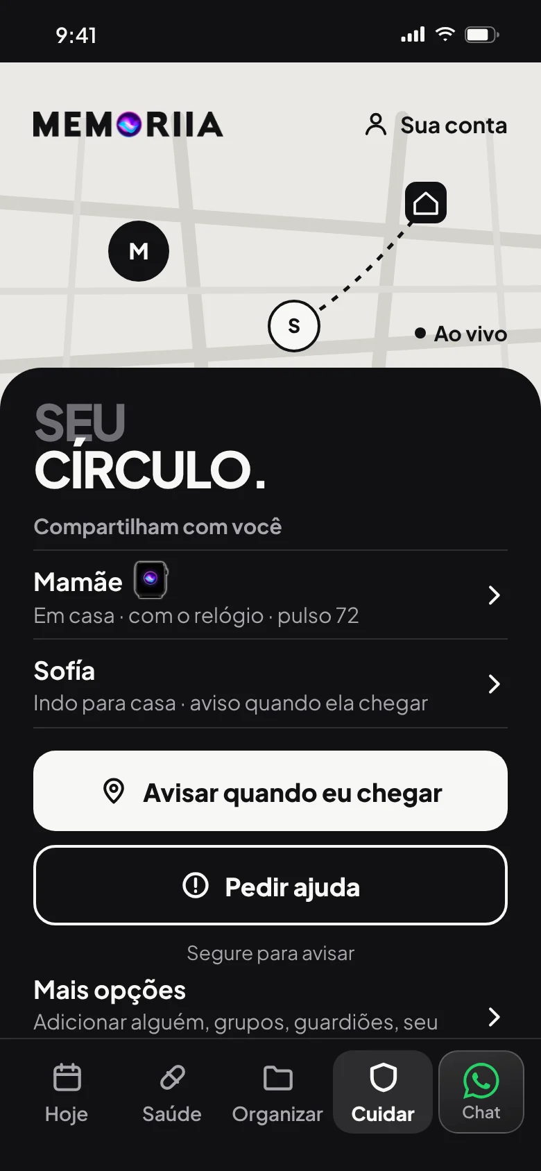Seu círculo: o mapa ao vivo, “Avisar quando eu chegar” e “Pedir ajuda”